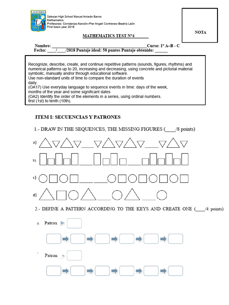 MATHEMATICS TEST #1 Patterns and Ordinal Numbers | PDF | Mathematics