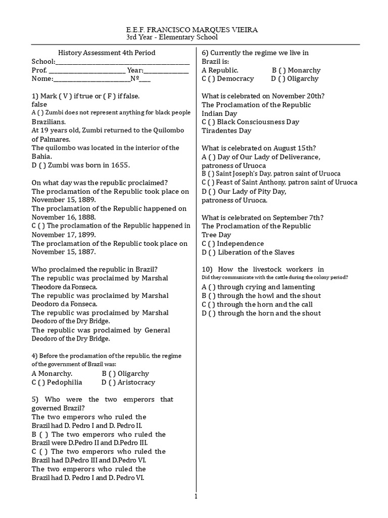 Assessment of History and Geography 3rd Year | PDF | Republic | Brazil