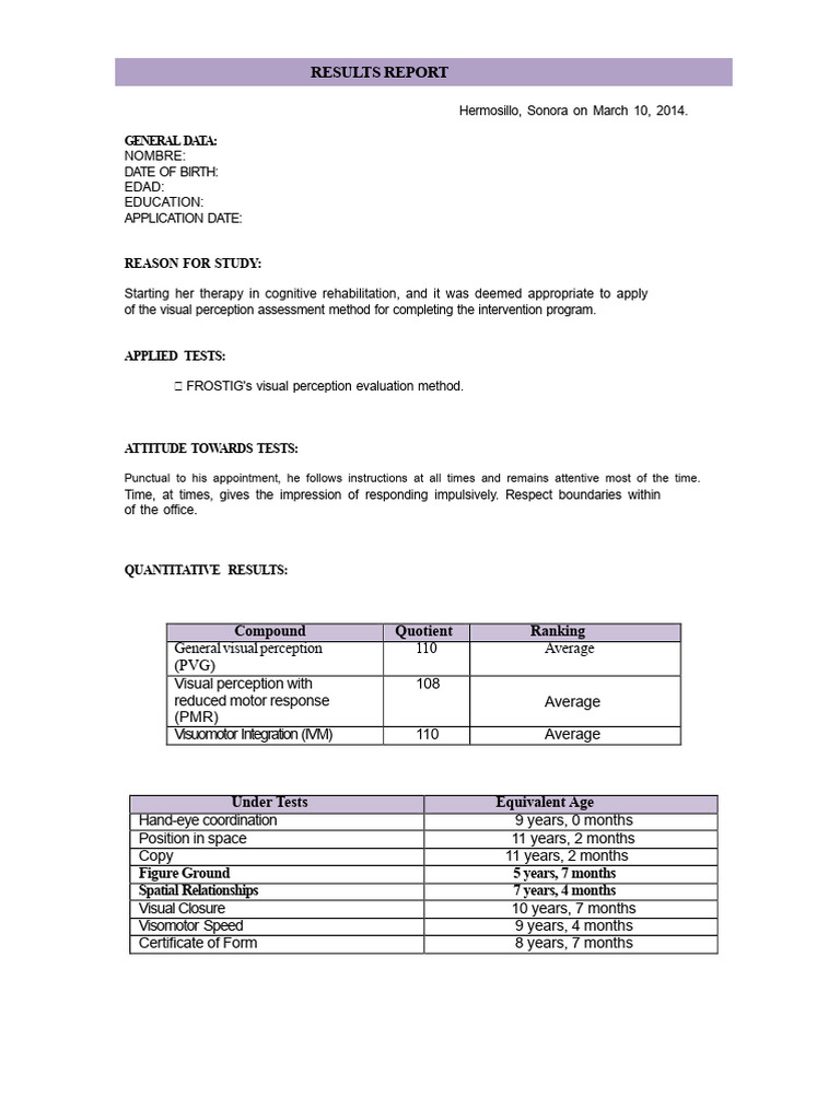 Example DTVP-2 Report | PDF | Perception | Visual Perception
