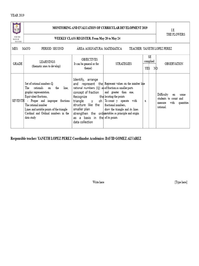 Weekly Class Plan For Seventh Grade | PDF | Numbers | Arithmetic