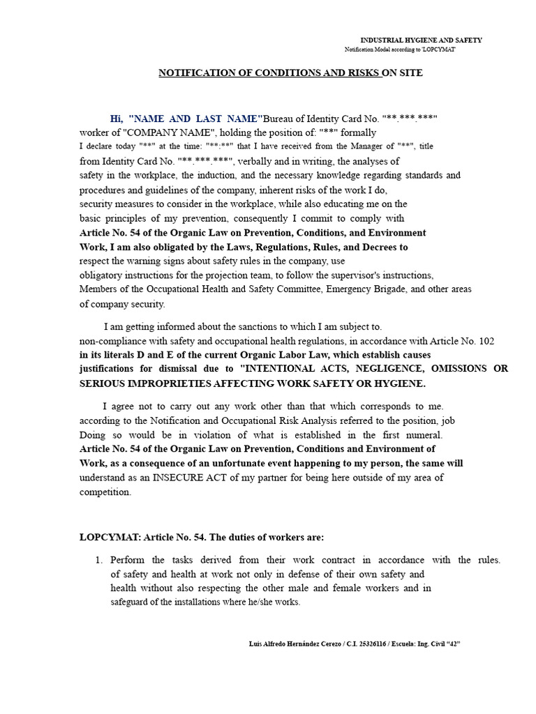 LOPCYMAT Safety Notification Model | PDF | Occupational Safety And ...