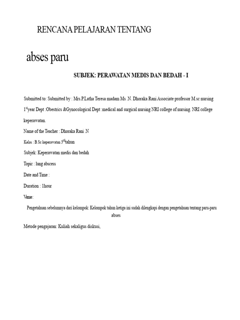 RENCANA PELAJARAN TENTANG. Abses Paru | PDF