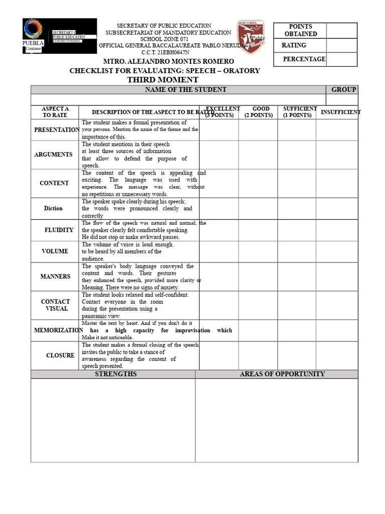 Speech Evaluation Checklist for Students | PDF | Speech | Public Speaking