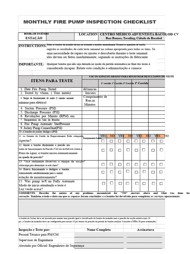 Checklist Mensal de Inspeção de Bombas de Incêndio | PDF