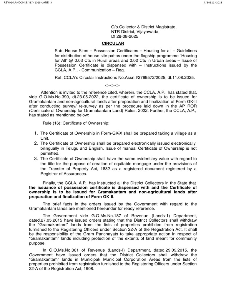 Circular - Certificate of Ownership for Gramakantam Lands | PDF ...