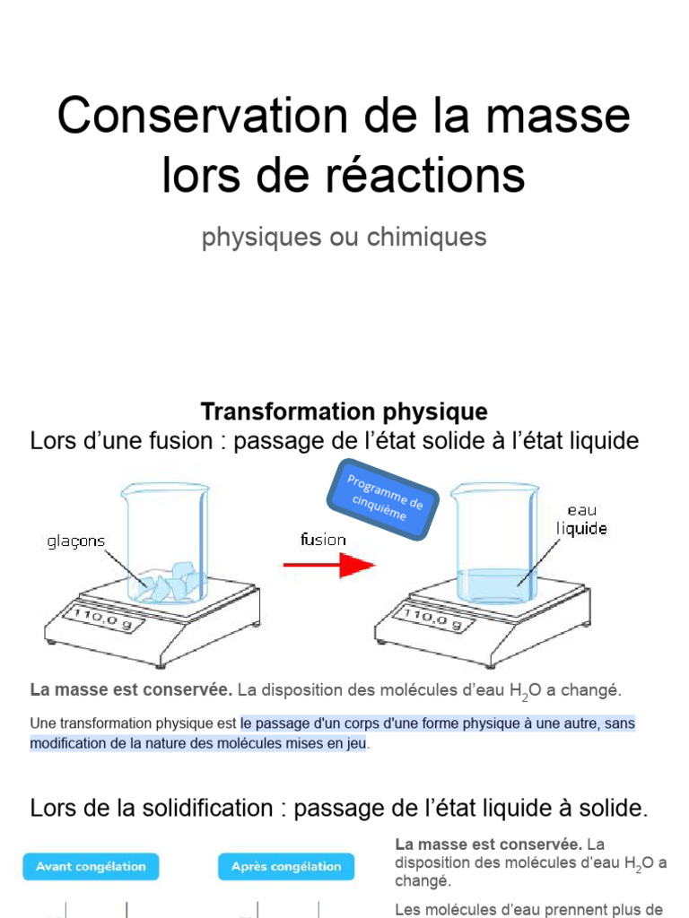 Conservation de la masse en chimie et physique | PDF | Chimie | Eau