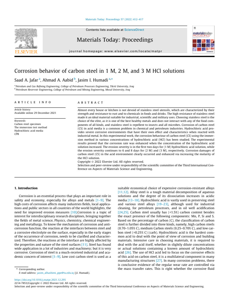 Corrosion of Carbon Steel in HCl Solutions | PDF | Corrosion ...
