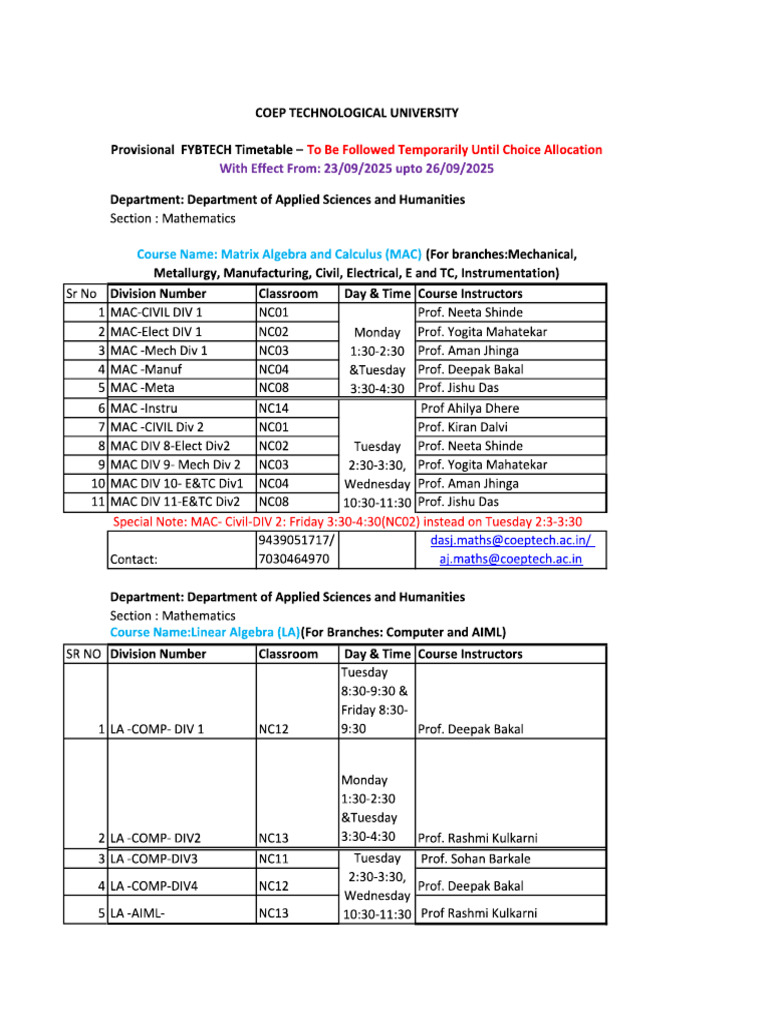 Provisional FYBTECH Timetable Sem I 2025 26 Wef 23.9.25 1 | PDF