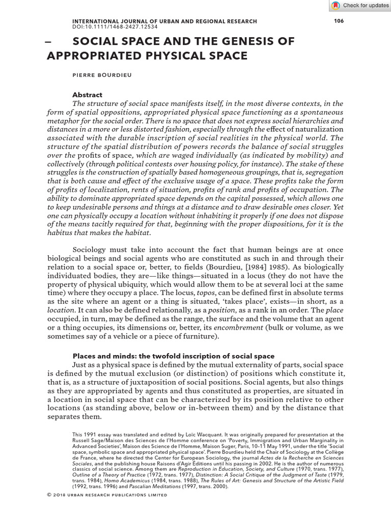 Int J Urban Regional Res - 2018 - Bourdieu - Social Space and The ...