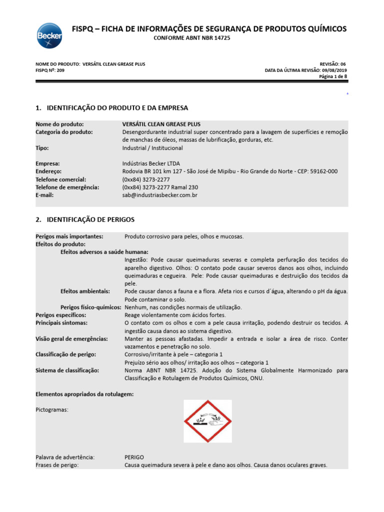 FISPQ: Versátil Clean Grease Plus | PDF | Toxicidade | Queimadura
