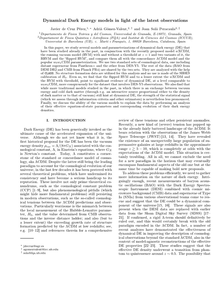 Dynamical Dark Energy Models Analyzed | PDF | Dark Energy | Physical ...