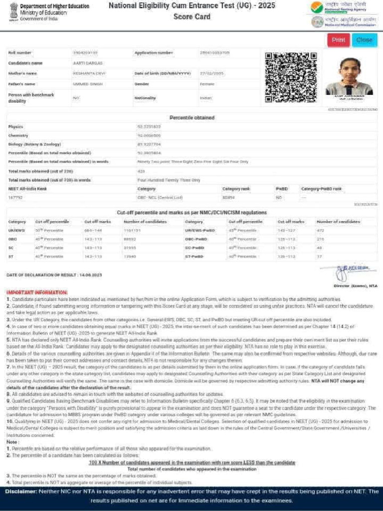 NEET UG 2025 Score Card Details | PDF
