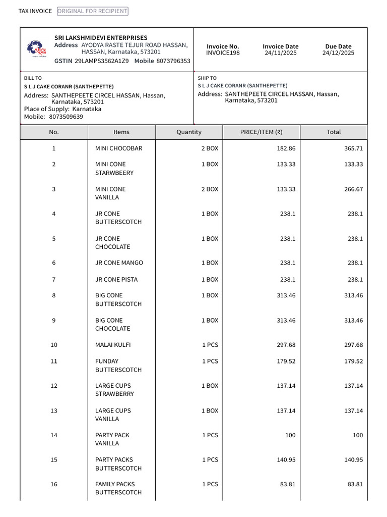 Invoice198-Sales Invoice-s l j Cake Coranr Santhepette | PDF | Taxes ...