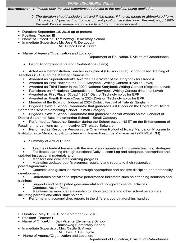 Work Experience Sheet for Teacher Position | PDF | Teachers | Learning