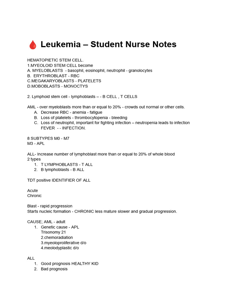 Comprehensive Guide to Leukemia for Nurses | PDF | Leukemia | Chemotherapy