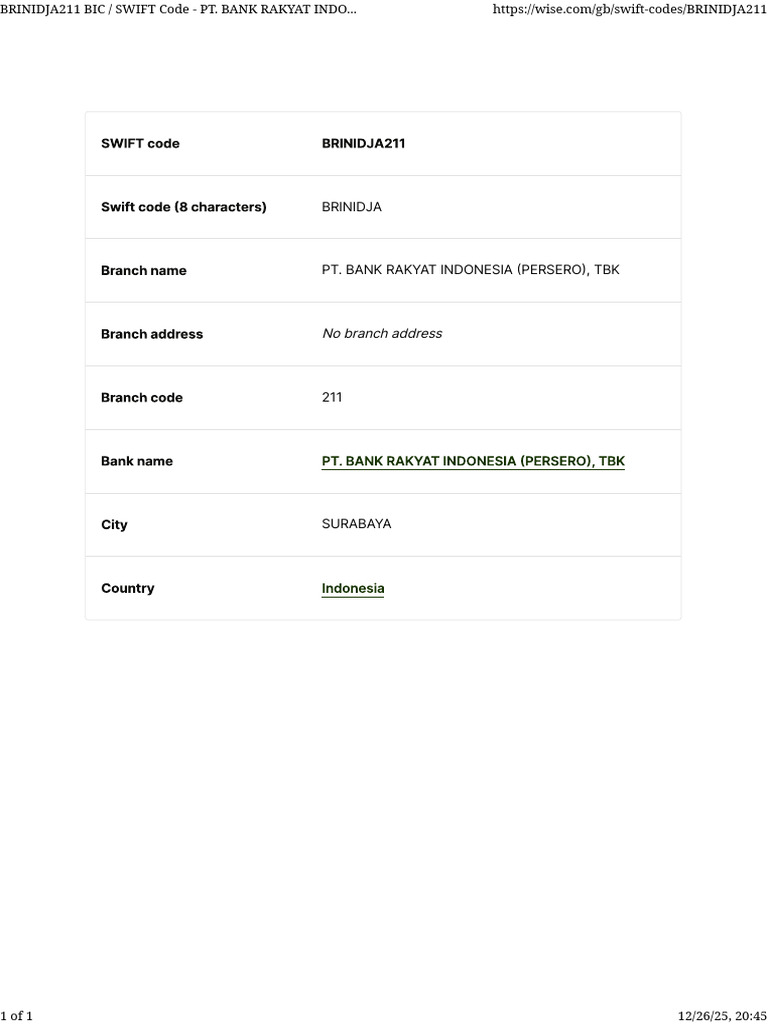 Brinidja211 Bic - Swift Code - Pt. Bank Rakyat Indonesia (Persero), TBK ...