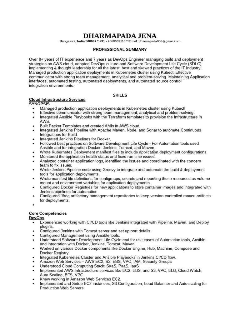 DevOps Engineer Resume - AWS & Kubernetes | PDF | Cloud Computing ...