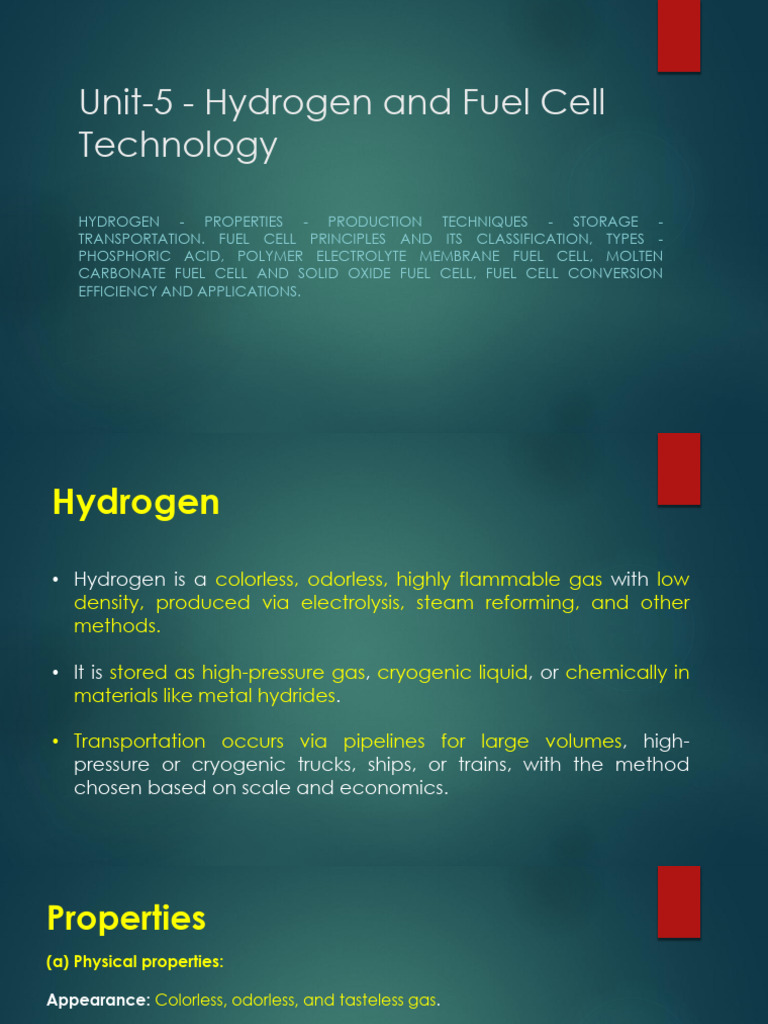 RE Unit-5_ Hydrogen Fuel | PDF | Fuel Cell | Hydrogen