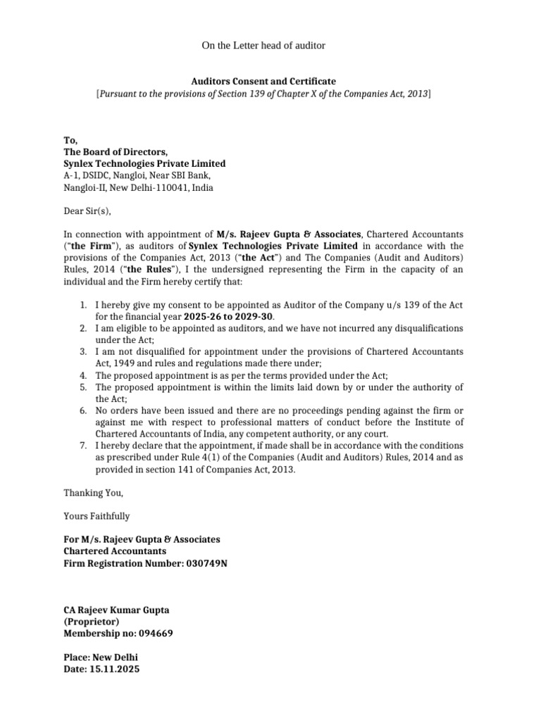 Auditor Consent Certificate for Synlex Tech | PDF