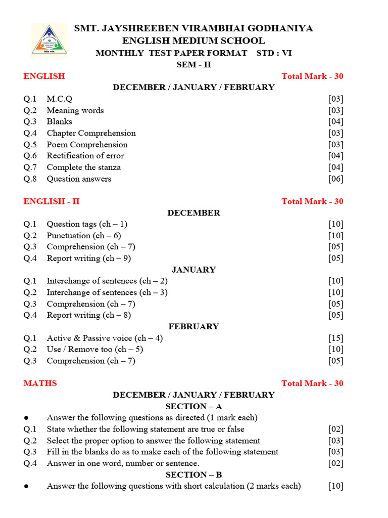 VI Std Monthly Test Paper Format | PDF | Linguistics | Grammar