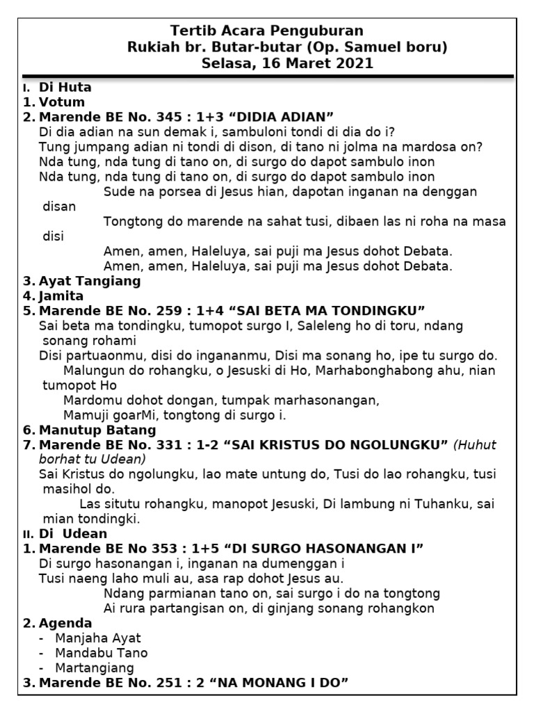 Tertib Acara Penguburan Rukiah Butar-butar | PDF