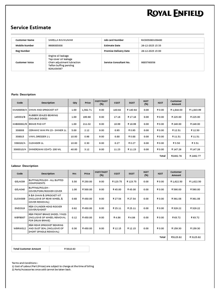 Motorcycle Service Estimate RJC005060IJ09480 | PDF | Brake | Land Vehicles
