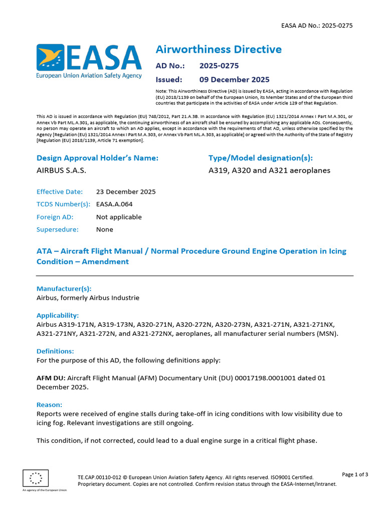 EASA AD 2025-0275: Airbus Icing Procedures | PDF | Aircraft | Aviation