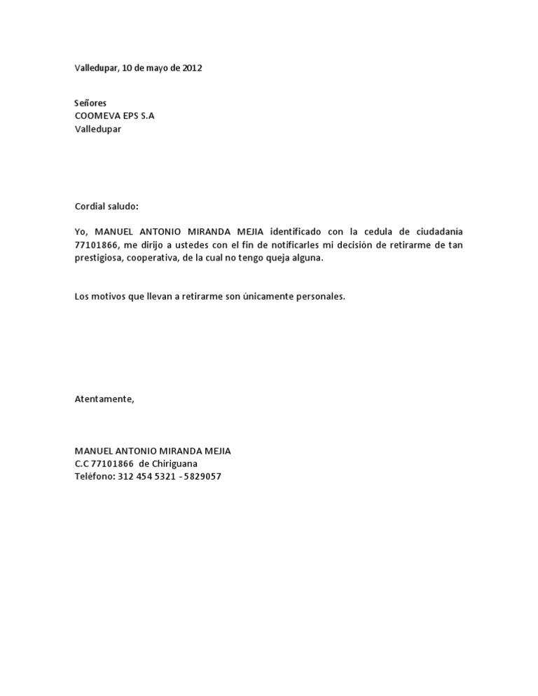 Carta De Renuncia A Cooperativa - s Carta De