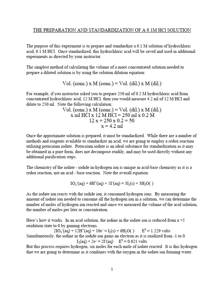 Lab 19 Preparation and standardization a 0.1 M HCl solution | PDF ...