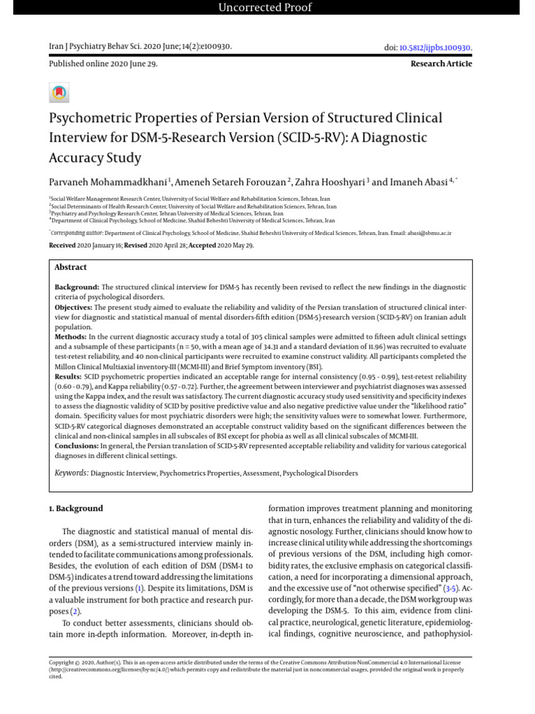 Psychometric Study of Persian SCID-5-RV | PDF | Diagnostic And ...