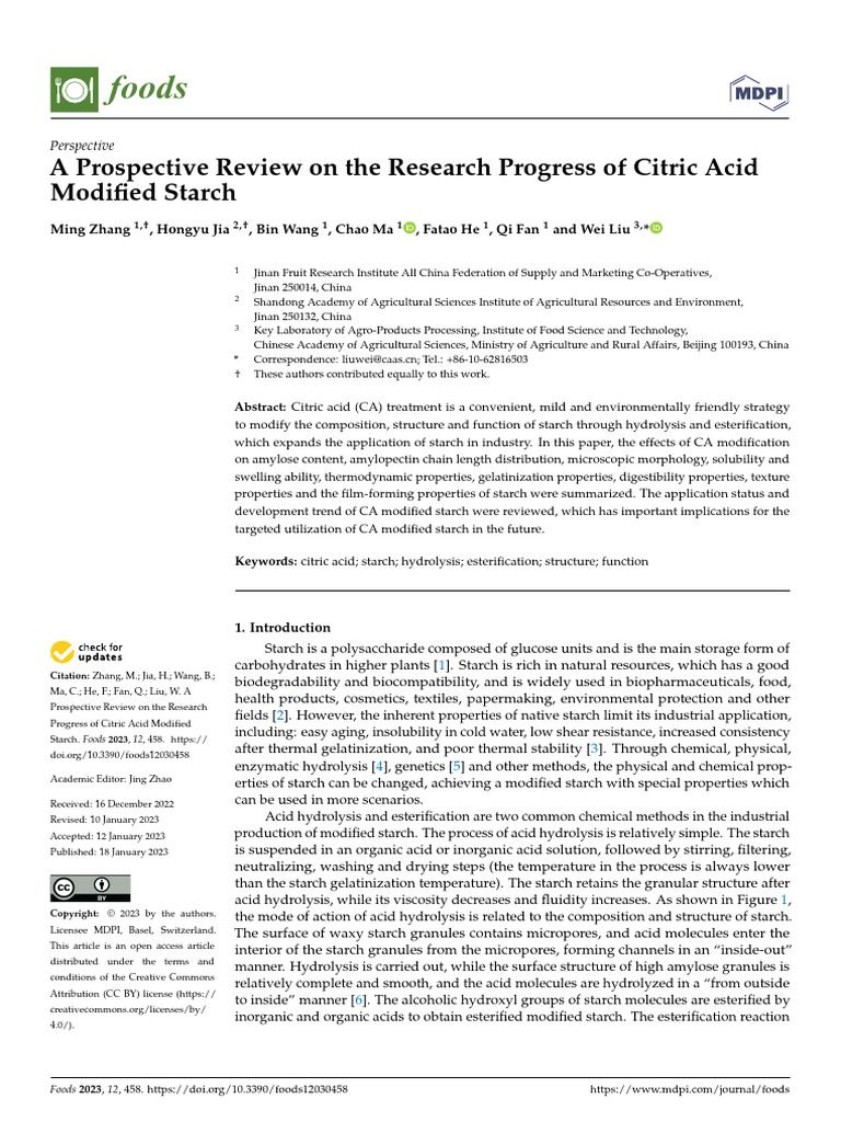 A Prospective Review on the Research Progress of Citric Acid Modified ...