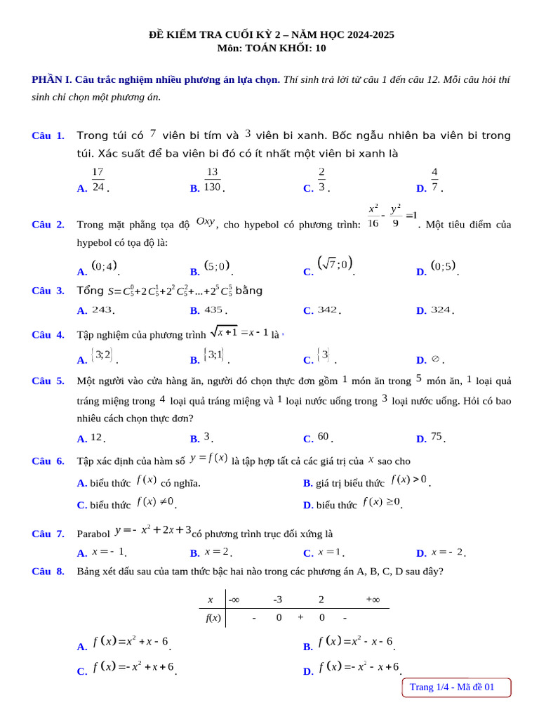 De Thi Hoc Ky 2 Toan 10 Cau Truc Moi TN 3 Dinh Dang Tu Luan | PDF