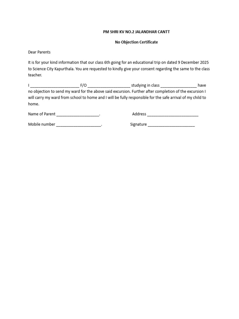 Class 6 Educational Trip Consent Form | PDF