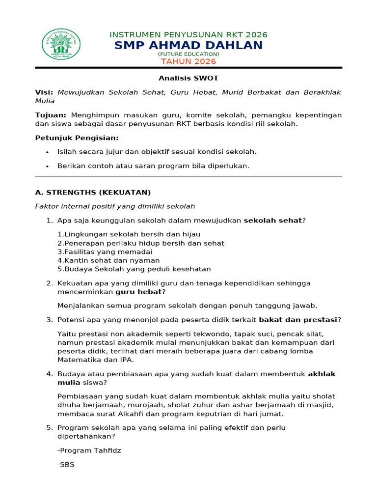 RKT 2026: Analisis SWOT SMP Ahmad Dahlan | PDF