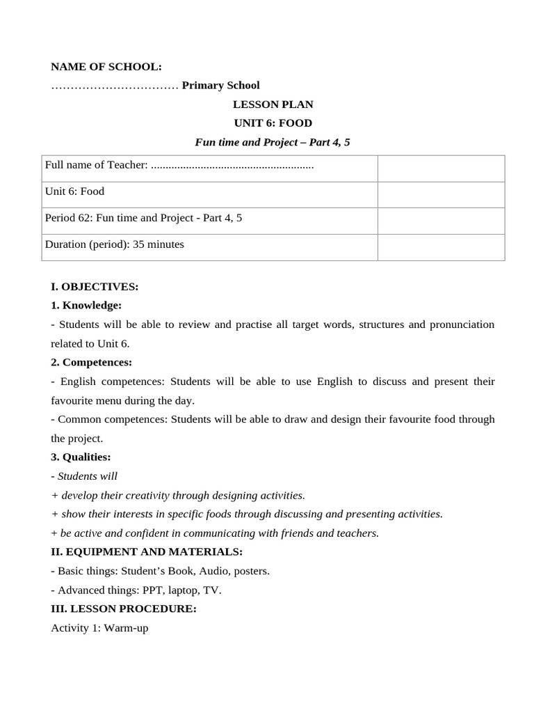 Food Lesson Plan for Primary School | PDF | Meal | Menu