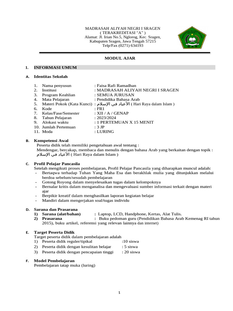 Modul Ajar Pendidik Bahasa Arab: Hari Raya | PDF