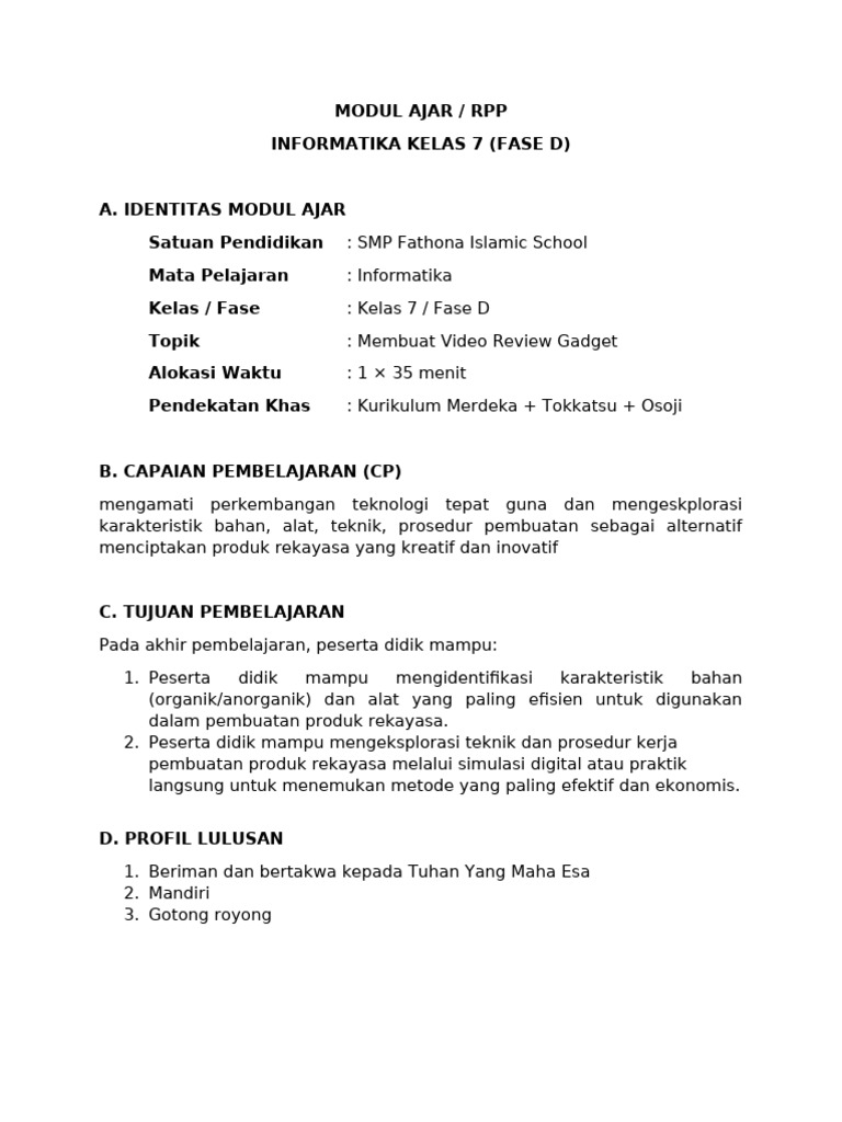 RPP Informatika Kelas 7: Video Gadget | PDF
