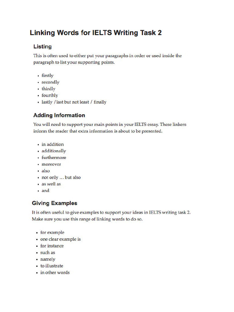 Linking Words For Ielts Writing Task 2 | PDF