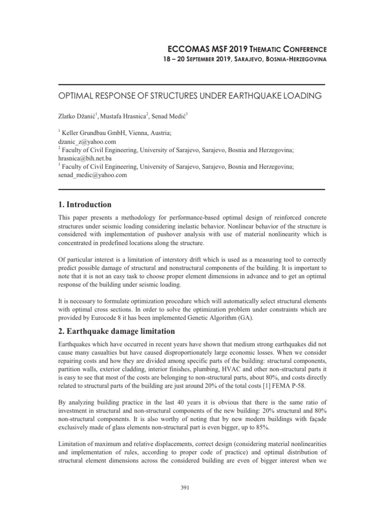 Optimal Response of Structures Under Earthquake Loading Eccomas-2019 ...