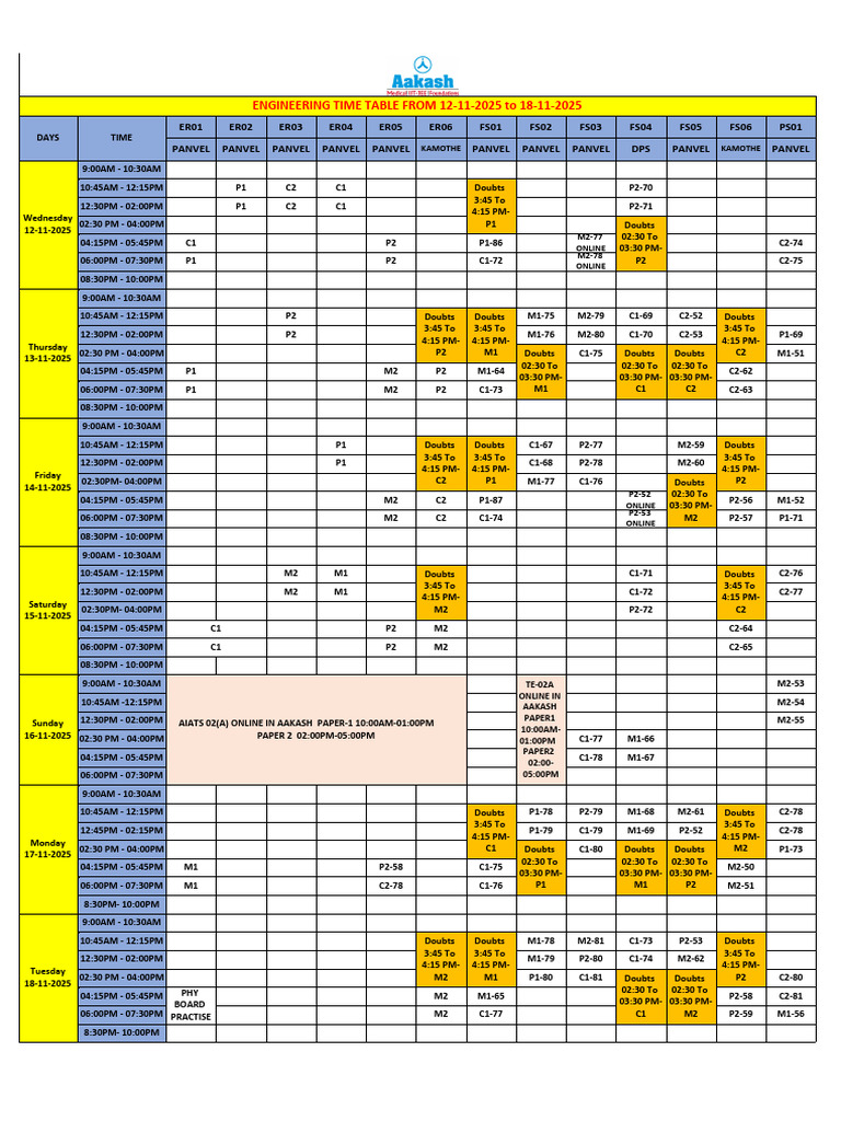 Engineering Time Table - 12-Nov To 18-Nov-2025 | PDF