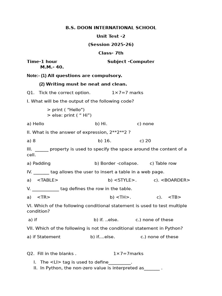 Class 7 Computer Unit Test 2025-26 | PDF | Computing | Software Engineering