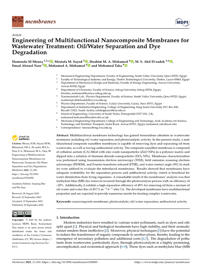Multifunctional Nanocomposite Membranes for Wastewater Treatment | PDF ...