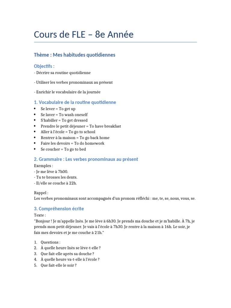 Routine Quotidienne en FLE - 8e Année | PDF