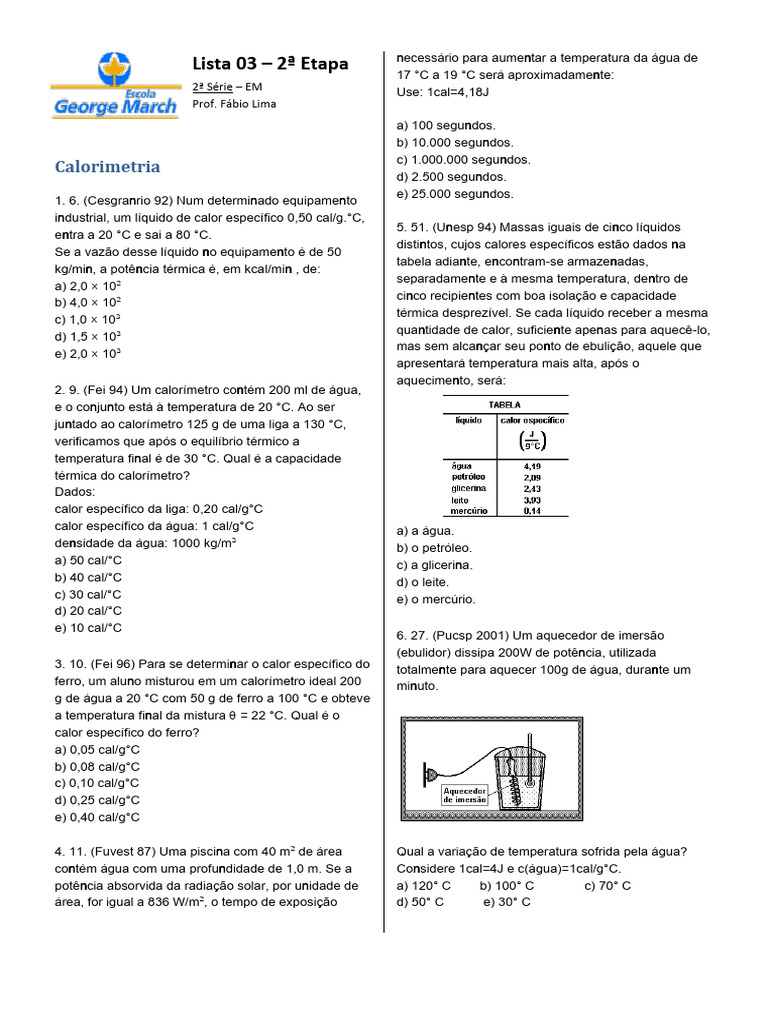Questões de Calorimetria para 2ª Série | PDF | Calor | Temperatura