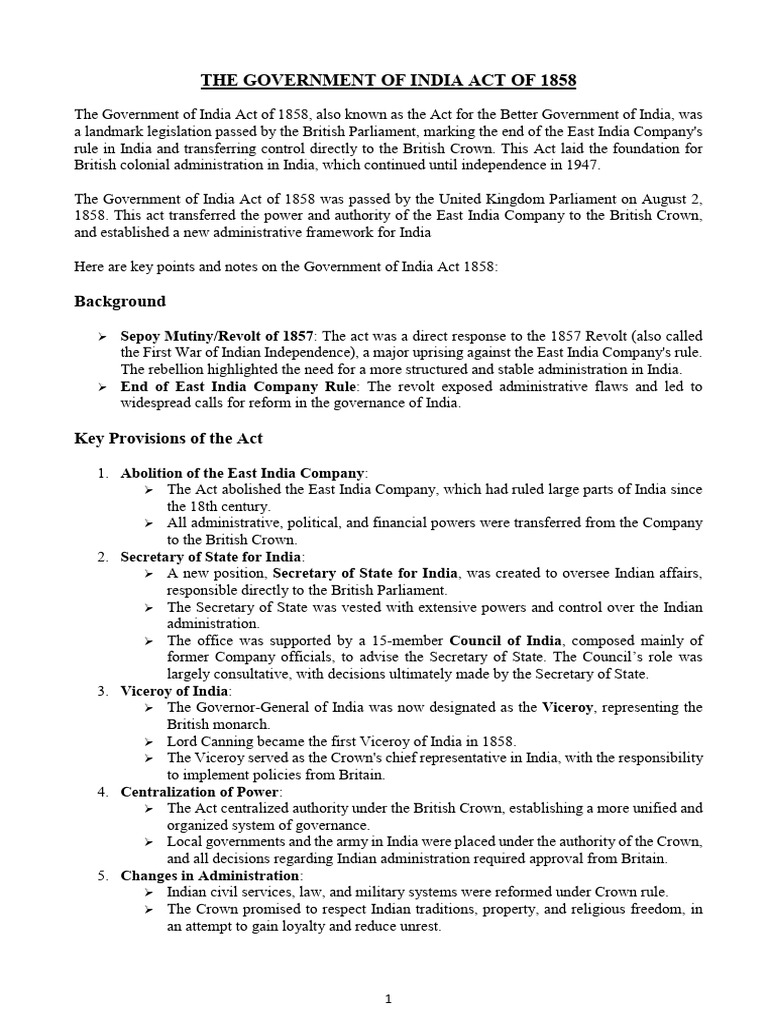 Government of India Act 1858 Overview | PDF | Partition Of India | Pakistan