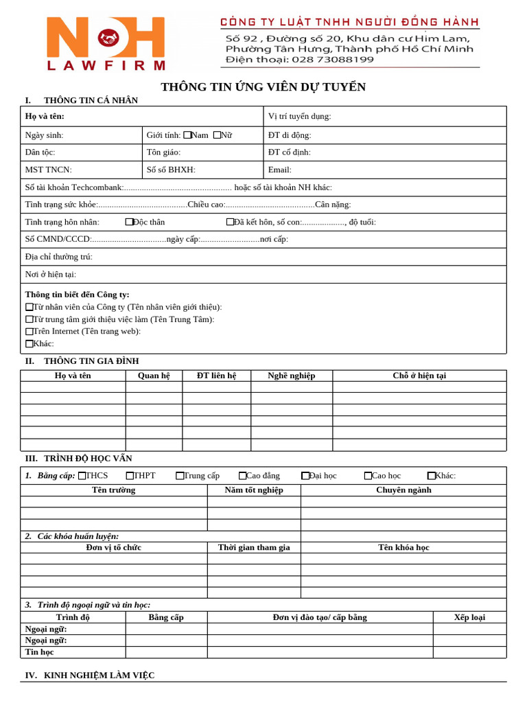 Phieu Thong Tin Ung Vien - NDH | PDF