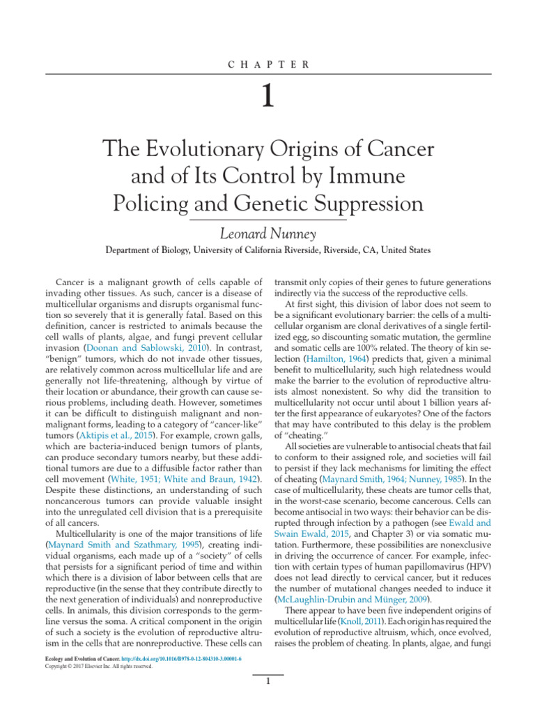 Chapter 1 The Evolutionary Origins of Cancer and of I 2017 Ecology and ...