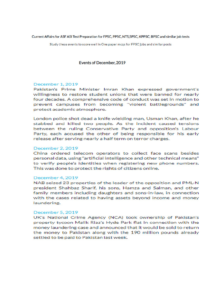 ASF Current Affairs 2019 To 2020 | PDF