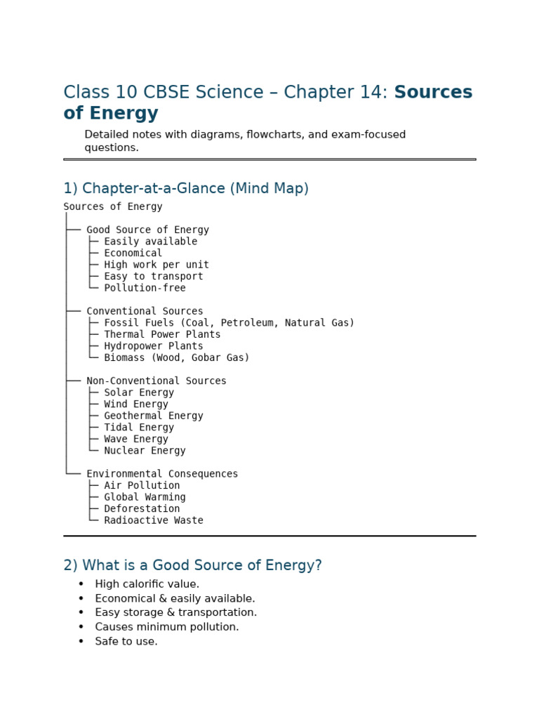 Class 10 Cbse Science – Chapter 14 Notes_ Sources of Energy (1) | PDF ...