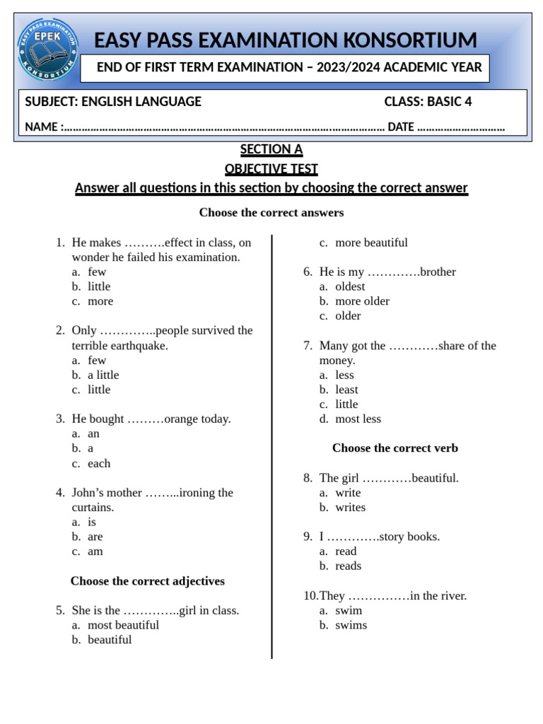 Basic 4 English Exam Paper 2023/24 | PDF | Linguistics | Linguistic ...
